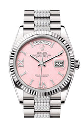 Rolex Day-Date 36 Pink Opal Diamond Dial Fluted Bezel White Gold President Watch 128239